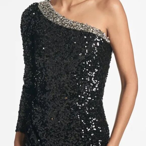 SACHIN & BABI Greta Gown Elegant Black Sequin One-Shoulder Dress/ size 6 - Picture 5 of 10